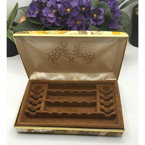 Vintage Gold & Brown Velvet Lined Hinged Jewelry Case With Floral Interior Desig - Picture 6 of 6